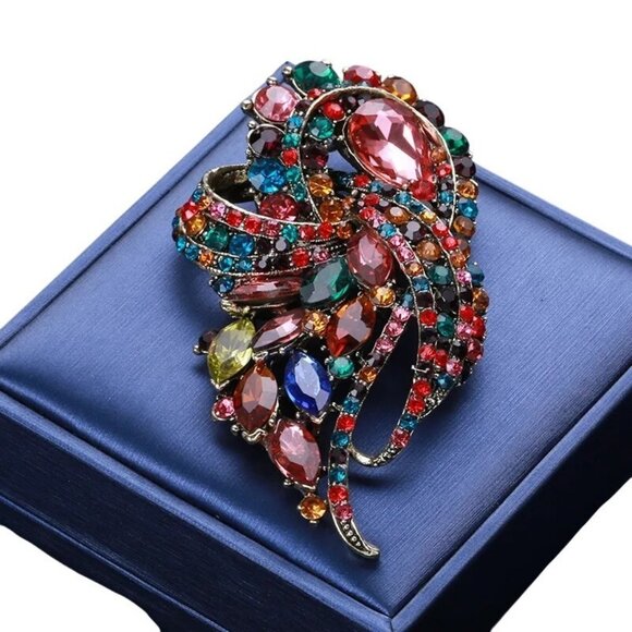 2/$24 Colorful Crystal Multicolored Feather Brooch Pin Rhinestones NWT - Picture 3 of 8
